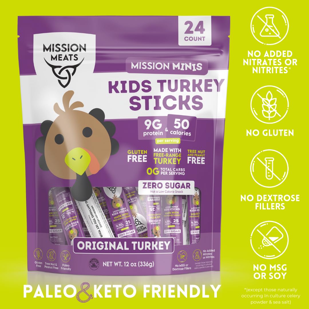 Mission Meats Kids Turkey Sticks - 100% Free Range, Healthy Snacks For Kids And Toddlers, Gluten & Nut Free, 0.5Oz, 24 Count (Pa