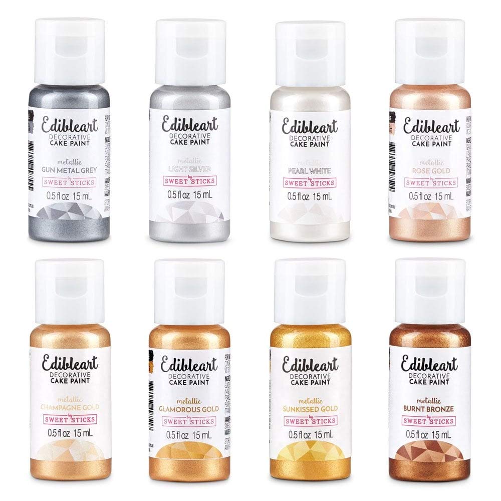 SWEET STICKS Edible Art Cake Paint, 0.5 Fl Oz, 8 Assorted Metallic Colors