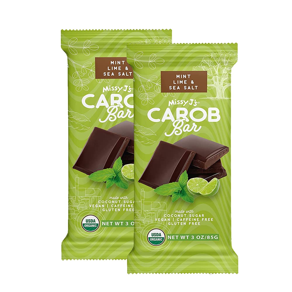Missy Js Organic Carob Mint Candy Bar 3 Oz 2 Pack, Vegan, Gluten Free, Healthy Chocolate Alternative