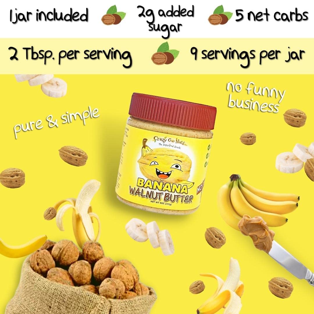 Crazy Go Nuts Walnut Butter - Banana, 9 Oz (1-Pack) - Healthy Snacks, Keto, Vegan, Low Carb, Gluten Free, Superfood - Natural, N