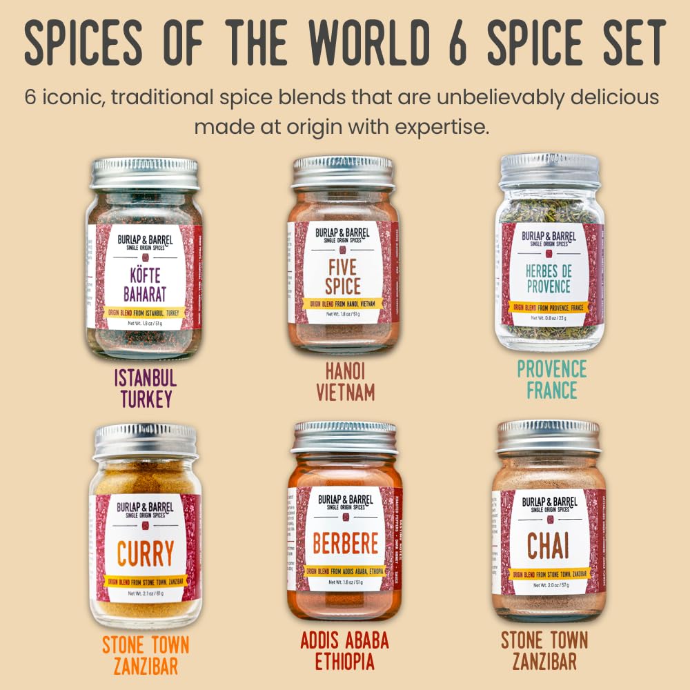 Burlap & Barrel 6-Pack Spice Gift Set - Chai, Five Spice & More - 19.5 cm Full Size Jars
