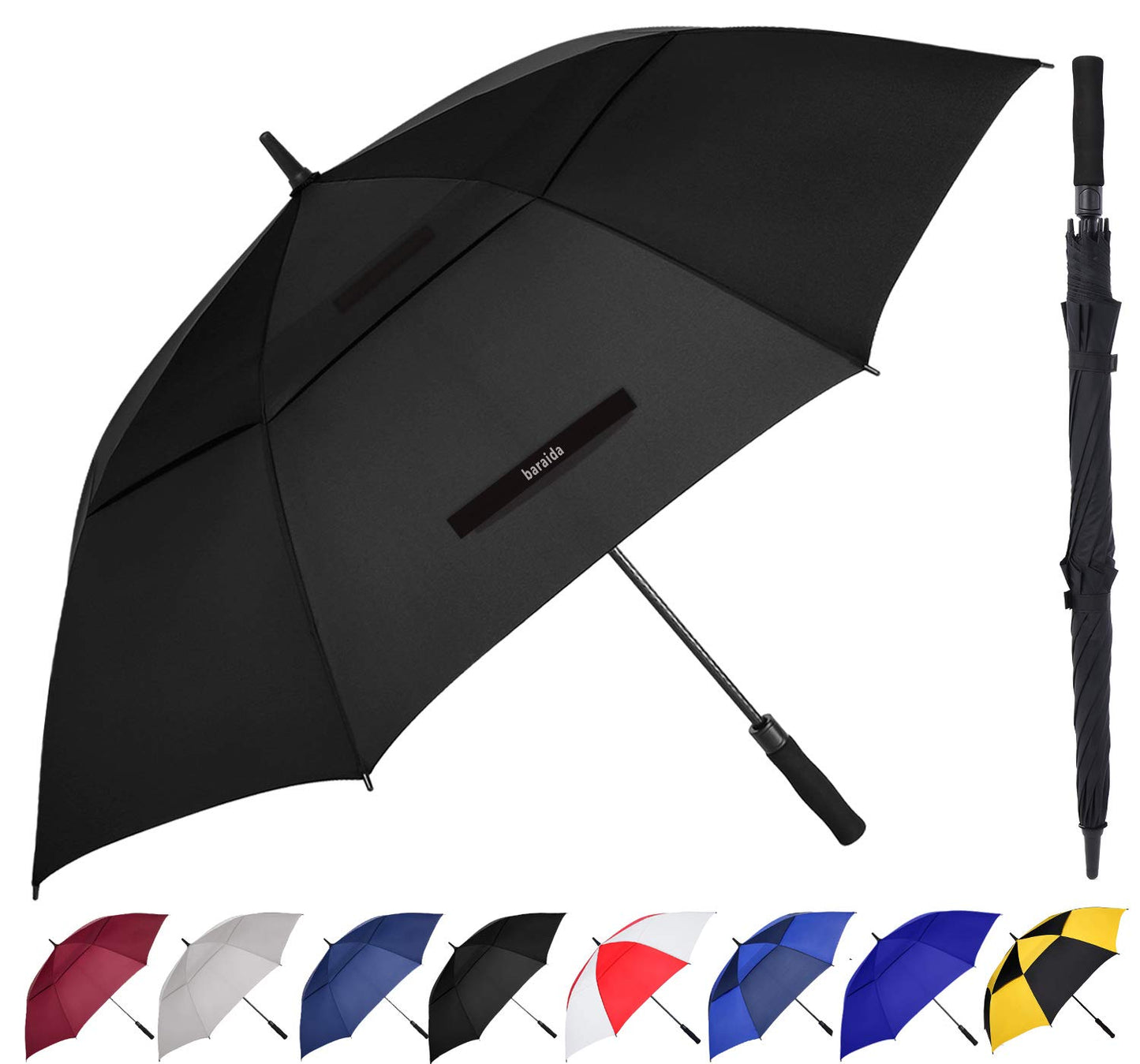 Baraida Golf Umbrella Large 62/68/72 Inch, Extra Large Oversize Double Canopy Vented Windproof Waterproof Umbrella, Automatic Open Golf Umbrella For Men And Women And Family.(62 Inch,Black)
