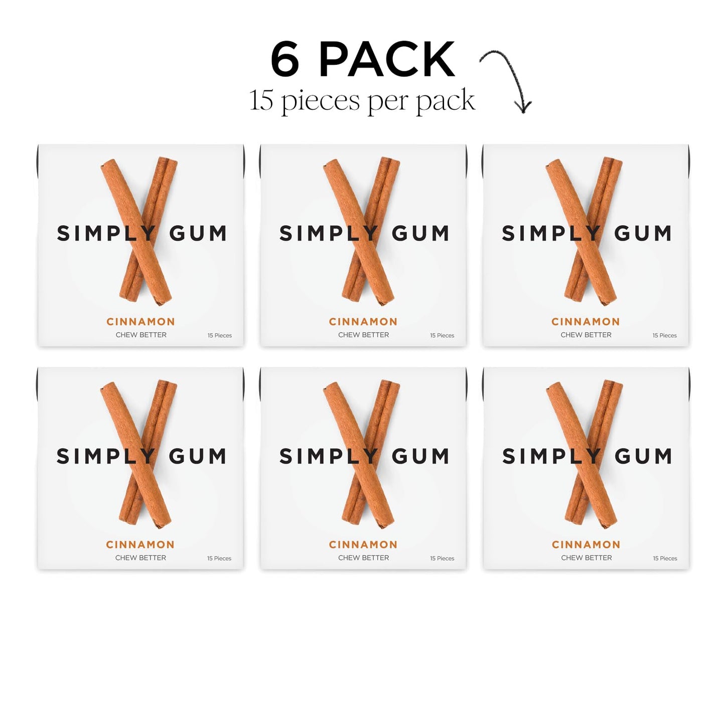 Simply Gum | Cinnamon | Plant- Based Chewing Gum | Pack Of Six (90 Pieces Total) | Synthetic Free + Aspartame Free + Non Gmo