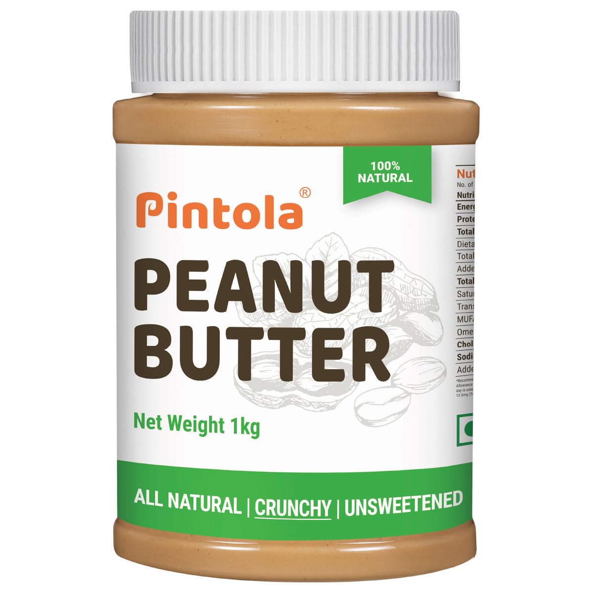 Pintola All Natural Peanut Butter (Crunchy) | Unsweetened | 30G Protein | Non Gmo | Gluten Free | Vegan | Cholesterol Free (1Kg)