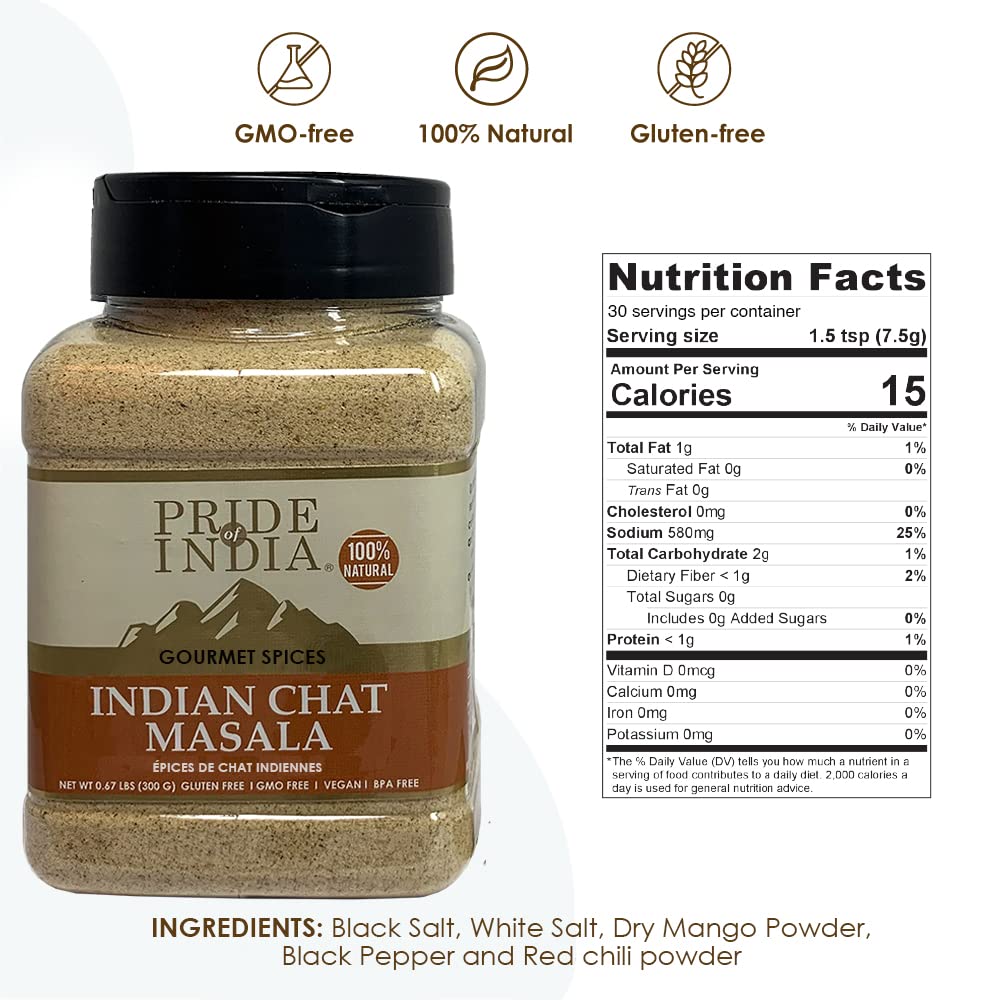 Pride Of India Chat Masala Seasoning Spice - 10.58oz Medium Dual Sifter Jar - Preservative Free - Delhi Style