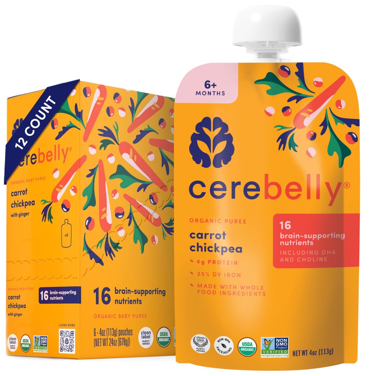 Cerebelly Organic Baby Food Pouches, Carrot Chickpea Purees, 16 Nutrients, No Added Sugar, Fiber & Non-Gmo, 4Oz, 12 Pack