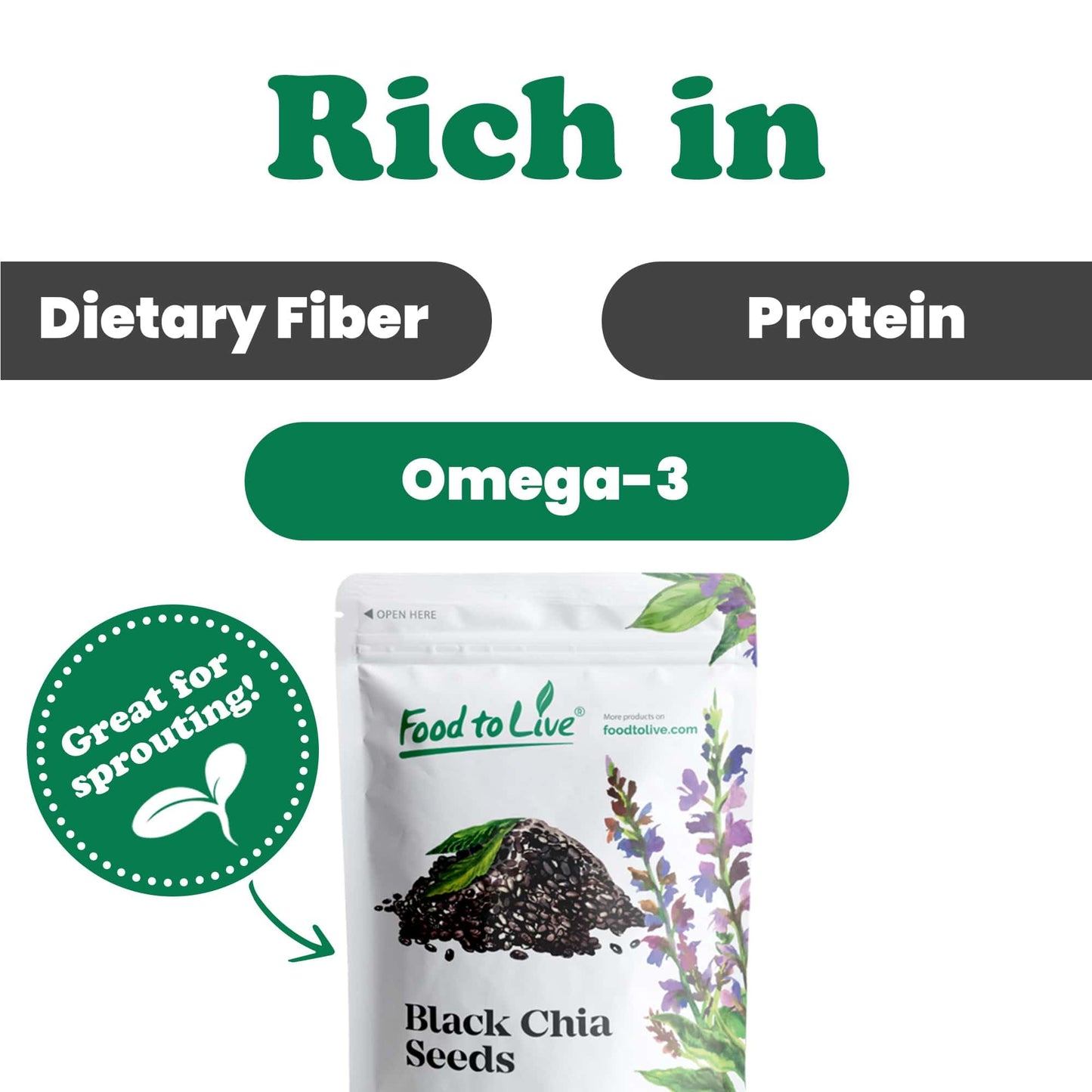 Food To Live - Black Chia Seeds, 2.5 Pounds Whole, Sproutable, Vegan, Kosher, Keto, Sirtfood, Bulk. Rich In Essential Fatty Acids, Fiber, Protein. Great For Chia Pudding, Smoothie, Oatmeal