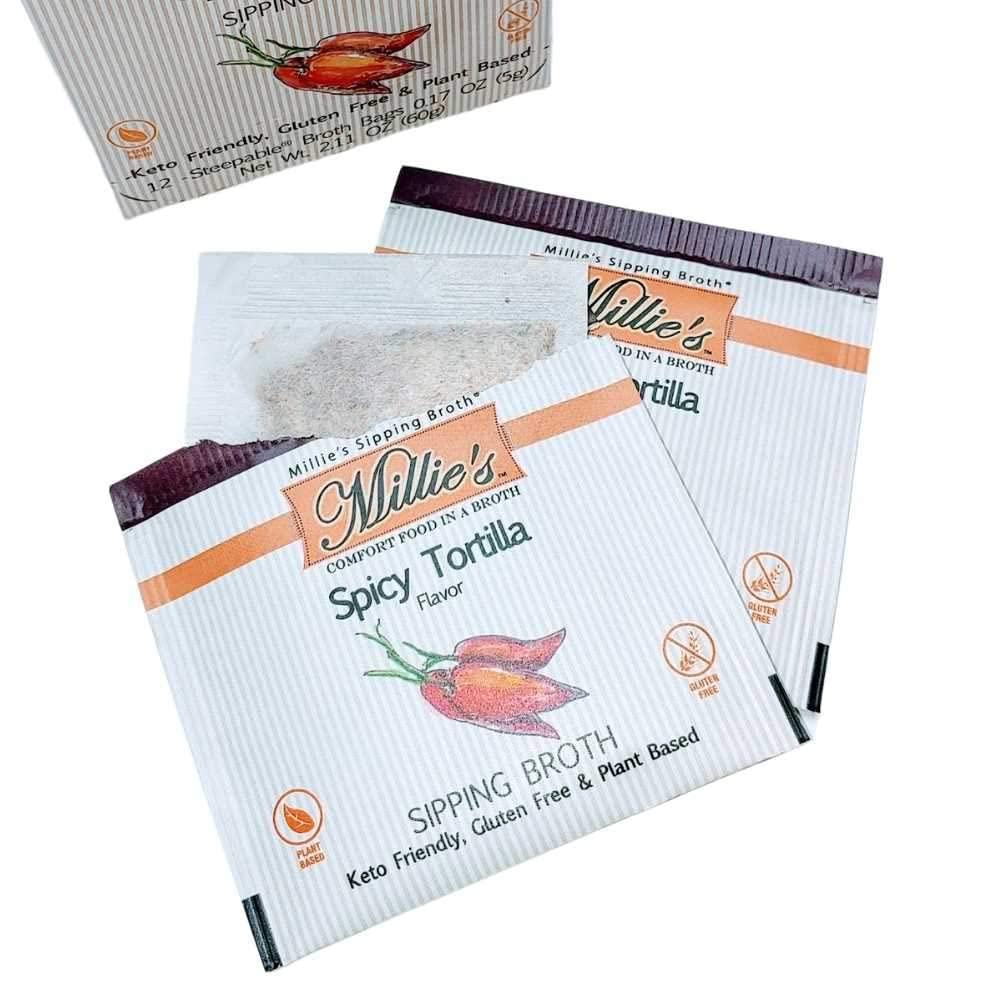 MILLIES SPICY TORTILLA SIPPING BROTH| Vegetable Broth with Savory Seasonings for Snack Urges | Vegan  Keto  Gluten Free  Intermittent Fasting  and natural | (6 Pack - 72 Broth Bags Total)