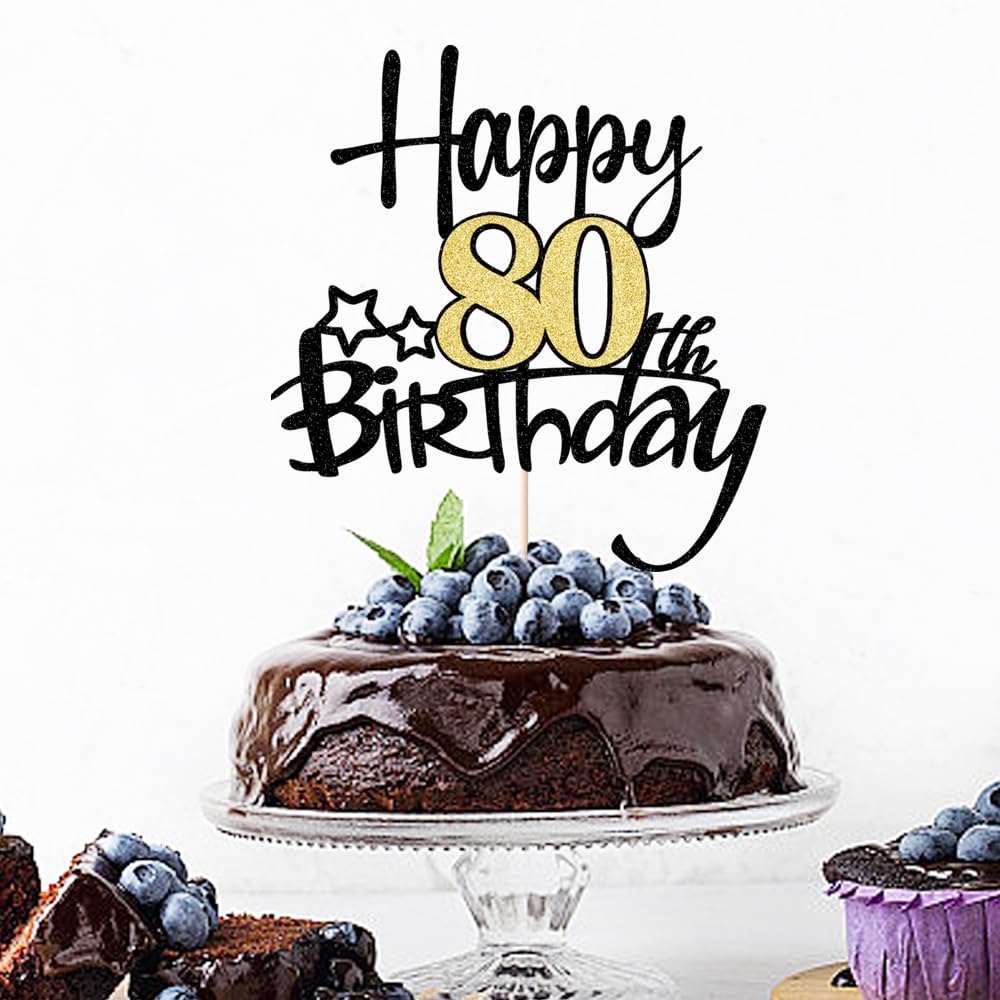 Kaoenla Black Gold Glitter Happy 80Th Birthday Cake Topper - Hello 80/Cheers 80,Happy Fourteen Birthday Anniversary,80 Years Old