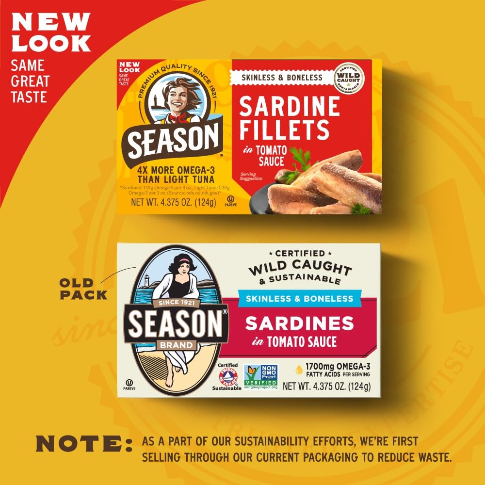 Season Sardines in Tomato Sauce - Skinless & Boneless, Wild Caught, 22g of Protein, Keto Snacks, More Omega 3s Than Tuna, Koshe