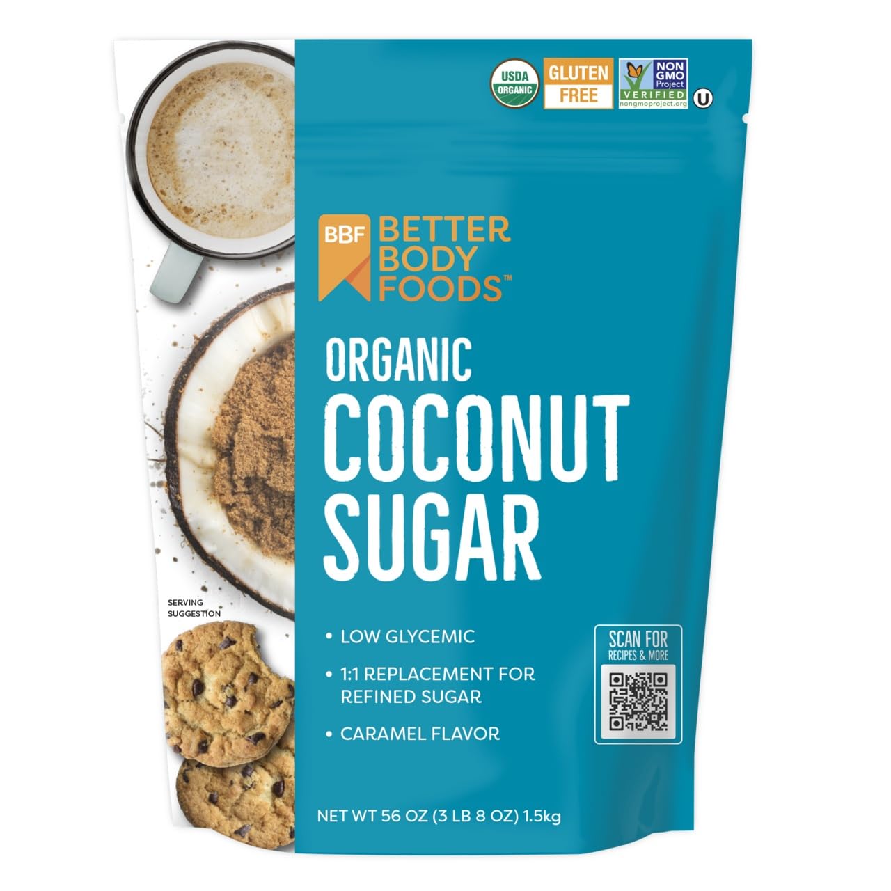BetterBody Foods Organic Coconut Palm Sugar, Gluten-Free, Non-GMO, Low Glycemic Sugar Substitute, 3.5 lbs, 56 ounces