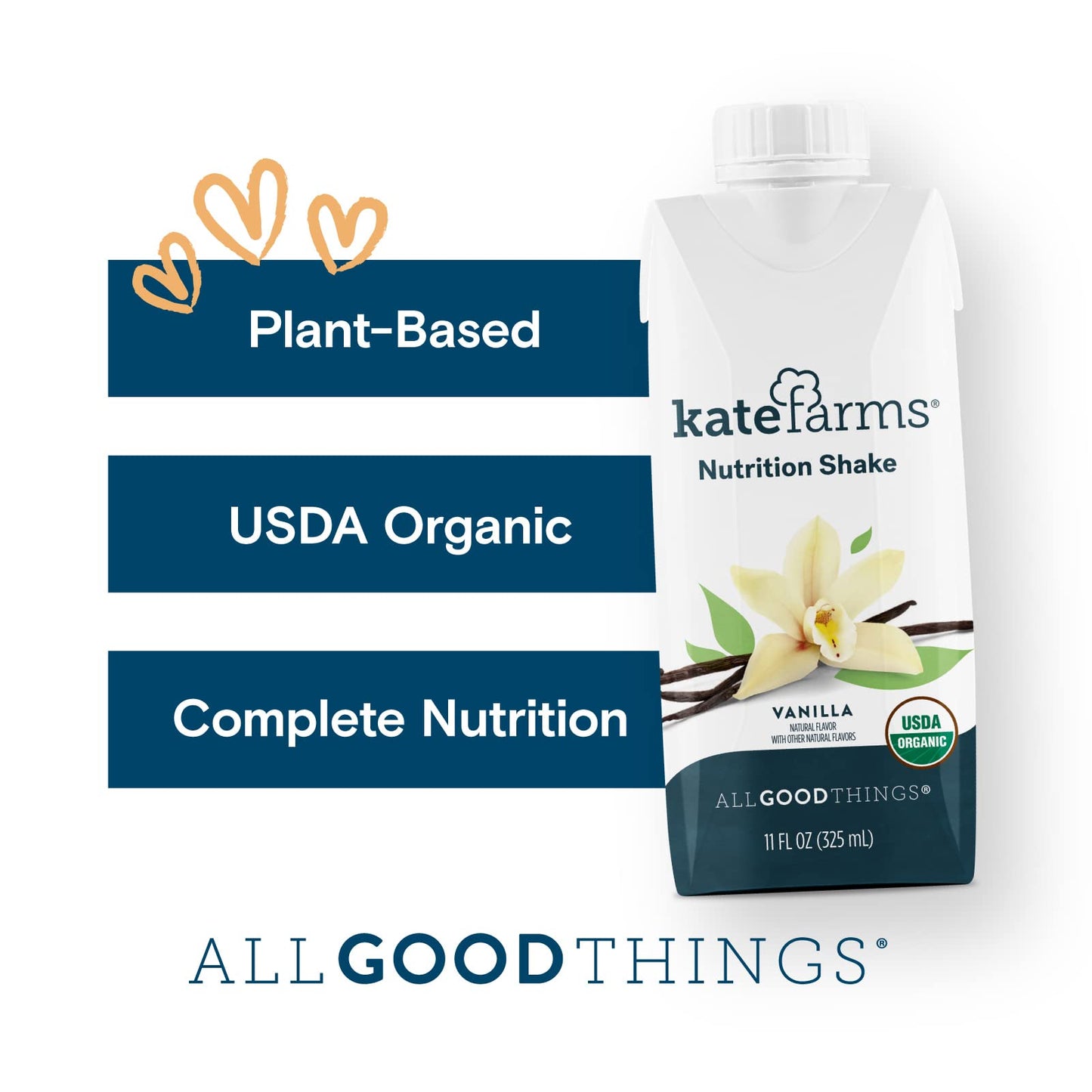 Kate Farms Organic Nutrition Shake, Vanilla, 16G Protein, 27 Vitamins And Minerals, Meal Replacement, 11 Oz, 6 Pack