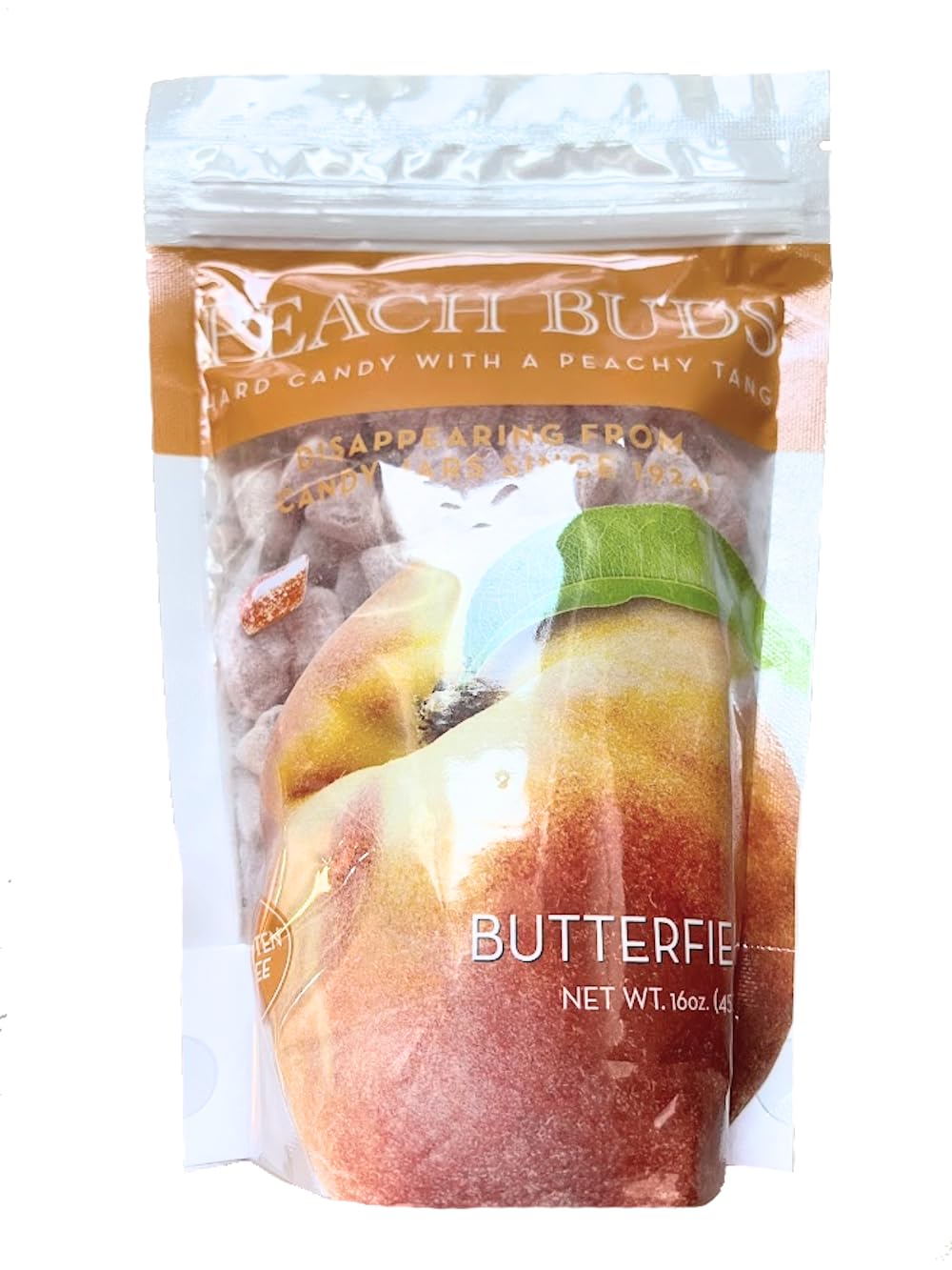 Butterfields Gourmet Old-Fashioned Peach Buds Hard Candy, Gluten Free, 1 Lb Bag, Made with 100% Pure Cane Sugar