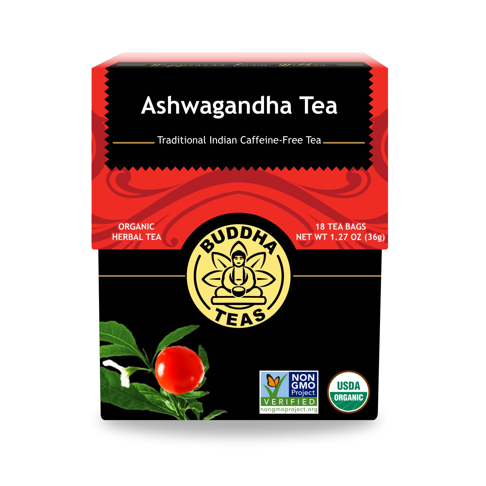 Buddha Teas Organic Ashwagandha Root Tea - Herbal, Caffeine Free, 18 Count (Pack of 1) - OU Kosher & Non-GMO