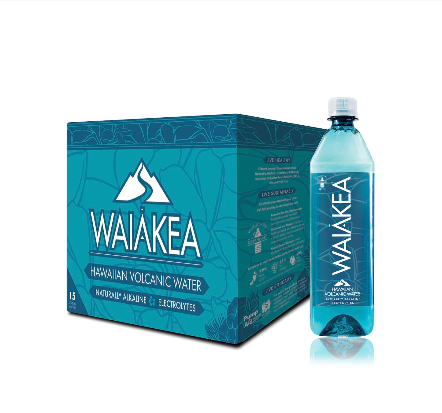 Waiakea Hawaiian Volcanic Water - Naturally Alkaline - 23.7 Fl Oz - 15 Pack - 100% Recycled Bottles - pH 7.6 to