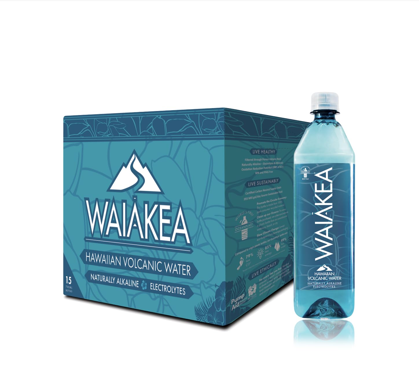 Waiakea Hawaiian Volcanic Water - Naturally Alkaline - 23.7 Fl Oz - 15 Pack - 100% Recycled Bottles - pH 7.6 to