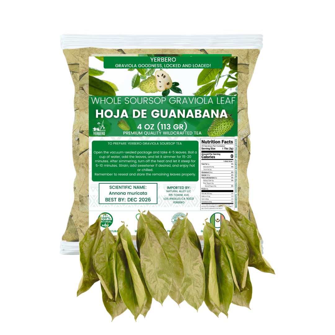 Yerbero - Whole Dried Graviola Soursop Leaves (4 Oz - 330+ Leaves Per Bag) Hoja De Guanabana, 100% All Natural Delicious Fresh T