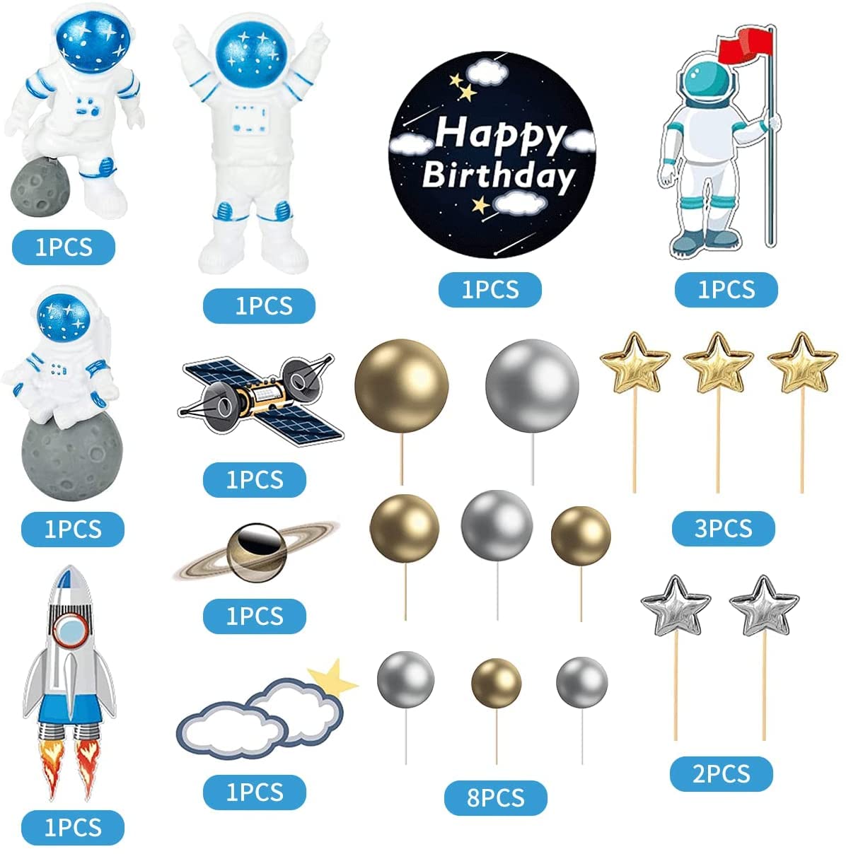 22Pcs Space Cake Topper,Space Cupcake Toppers Astronaut Figurine Birthday Outer Space Themed Party Decorations Supplies Planet R
