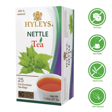 12 Pack Of Hyleys Natural Nettle Leaves With Black Tea - 25 Tea Bags (100% Natural, Sugar Free, Gluten Free And Non-Gmo)
