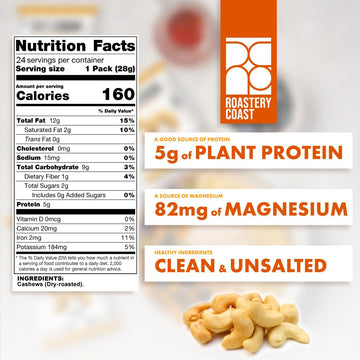 Roastery Coast - Just Cashews Unsalted | Individually wrapped snack (1 Oz each) | Whole Unsalted Cashews | Non-GMO, Gluten Free,