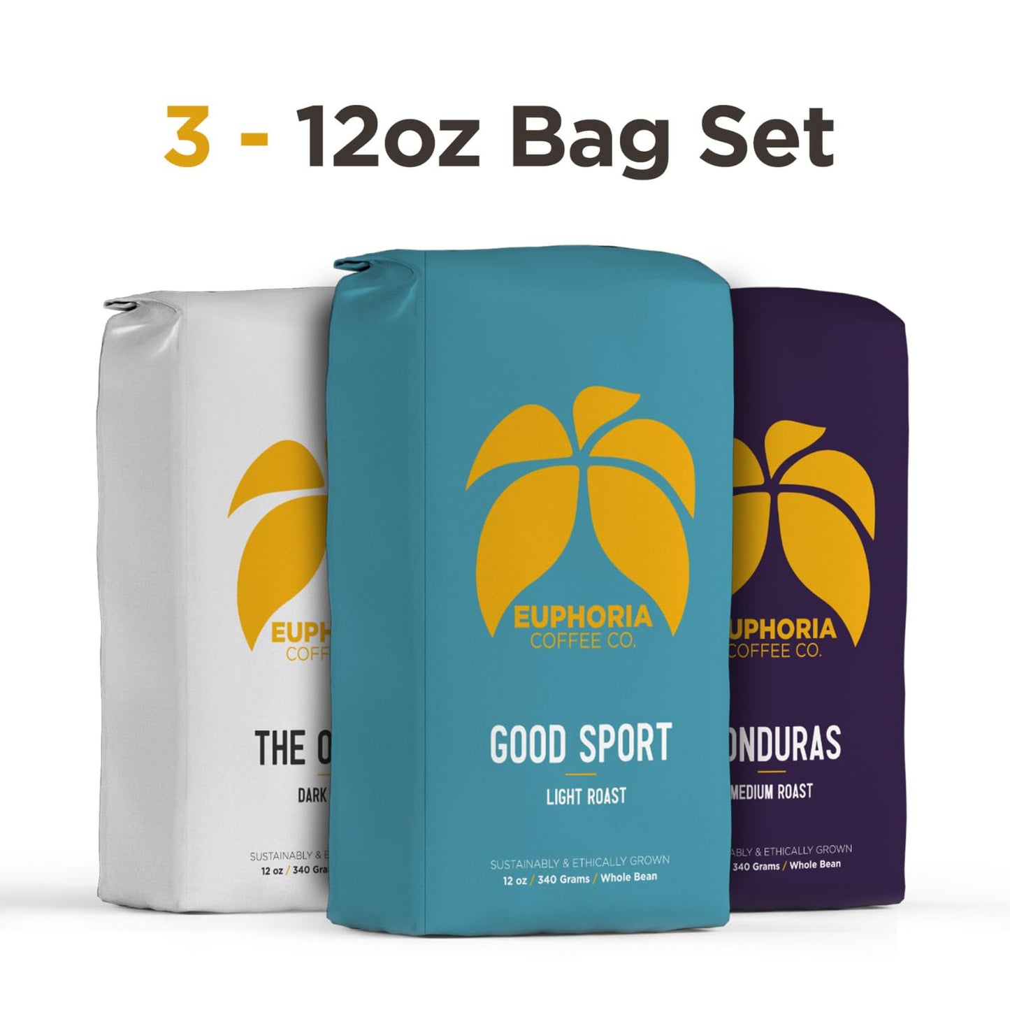 Euphoria Coffee Co. Whole Bean Variety Pack With Good Sport Light Roast, Honduras Medium Roast, And The Office Dark Roast | 12Oz