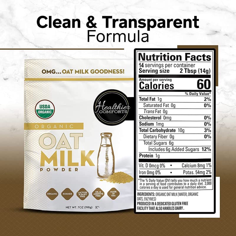 Healthier Comforts Oat Milk Powder - Gluten-Free, Vegan, USDA Organic, 7oz