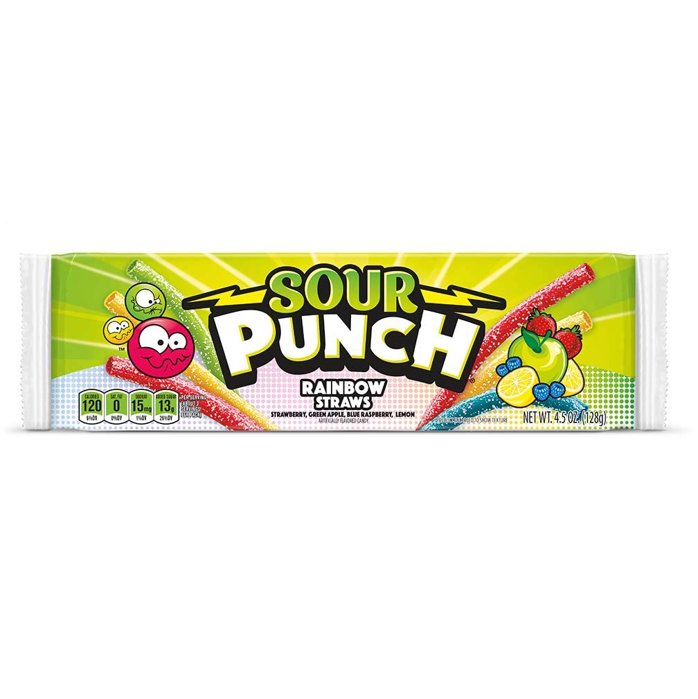 Sour Punch Straws, 4 Rainbow Fruit Flavors, Chewy Sweet & Sour Candy, 4.5Oz Tray (24 Pack)