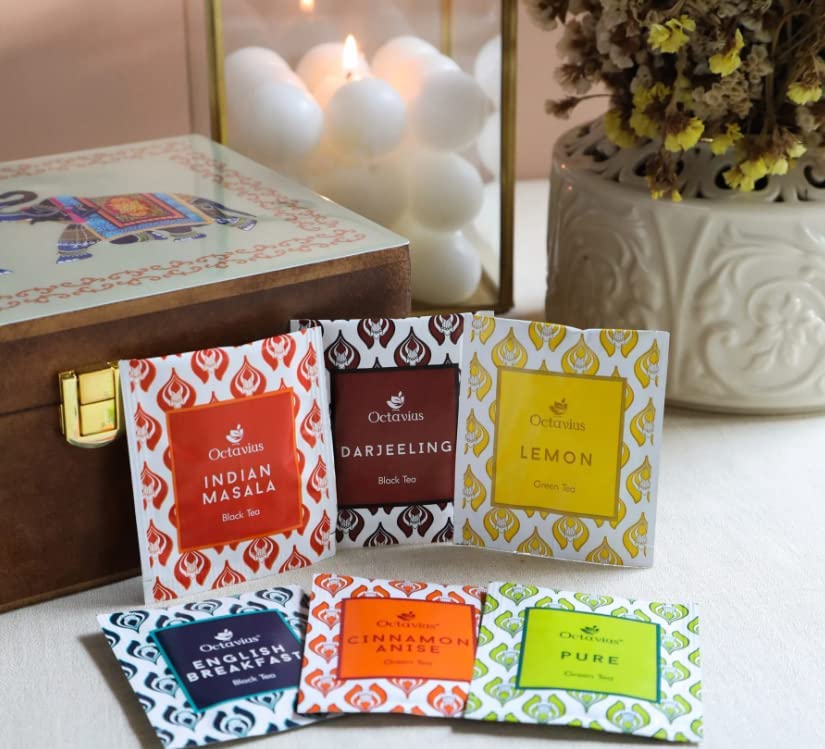 Octavius, Gift'S Select - Assorted Tea In Elephant Printed Wooden Box | 6 Flavors, 90 Tea Bags | Black & Green Tea | Tea Gifts F