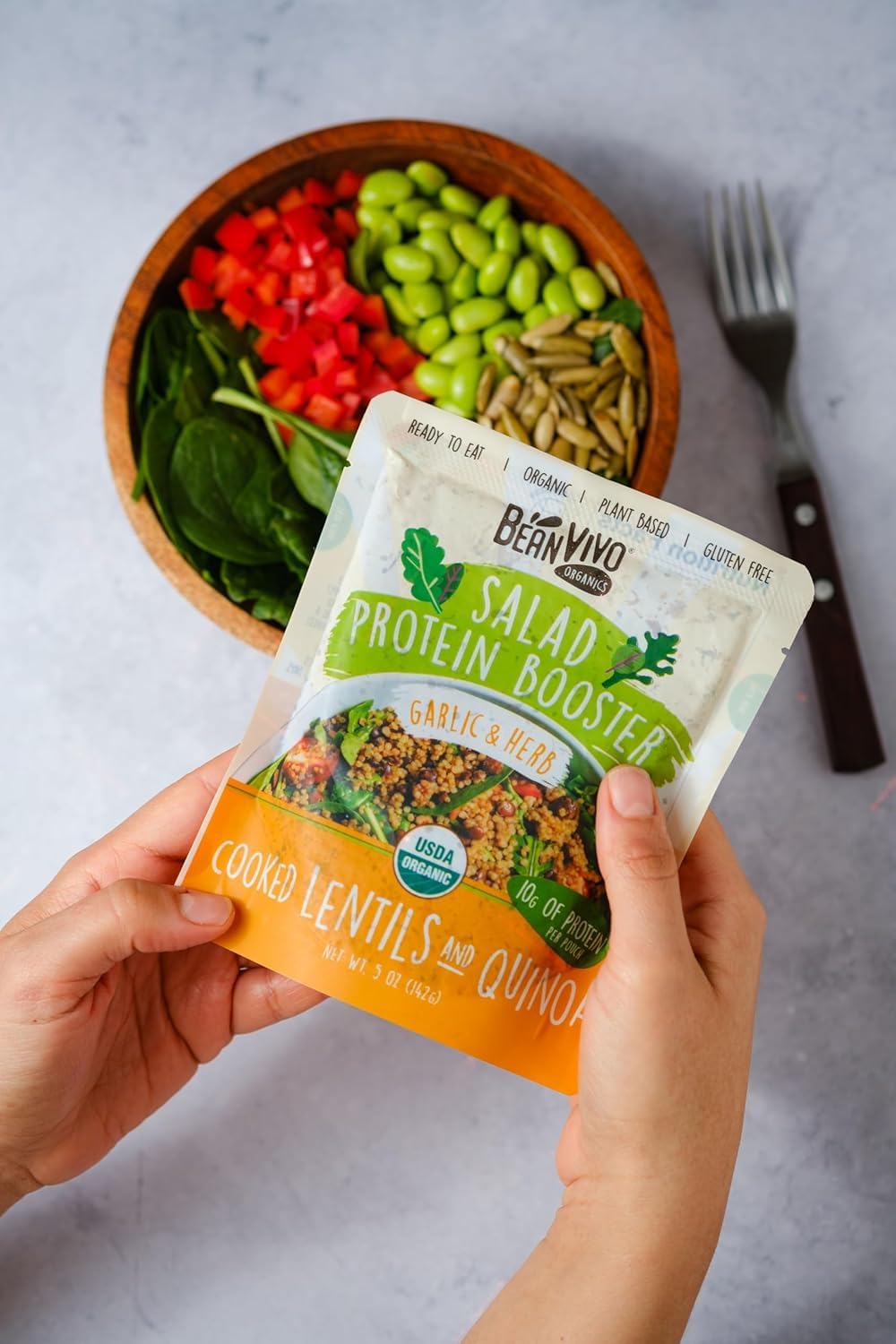 Beanvivo 6-Pack Salad Protein Booster - Organic Cooked Lentils & Quinoa With Garlic & Herbs, Delivering A Burst Of Taste And 10G