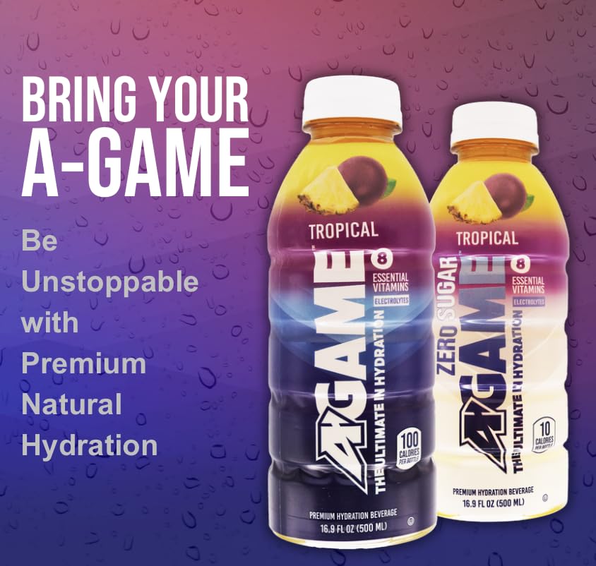 A-Game Sports Drink, Tropical, The Ultimate Hydration Sports Beverage For Athletes, 8 Essential Vitamins Including B, C, & E Plu
