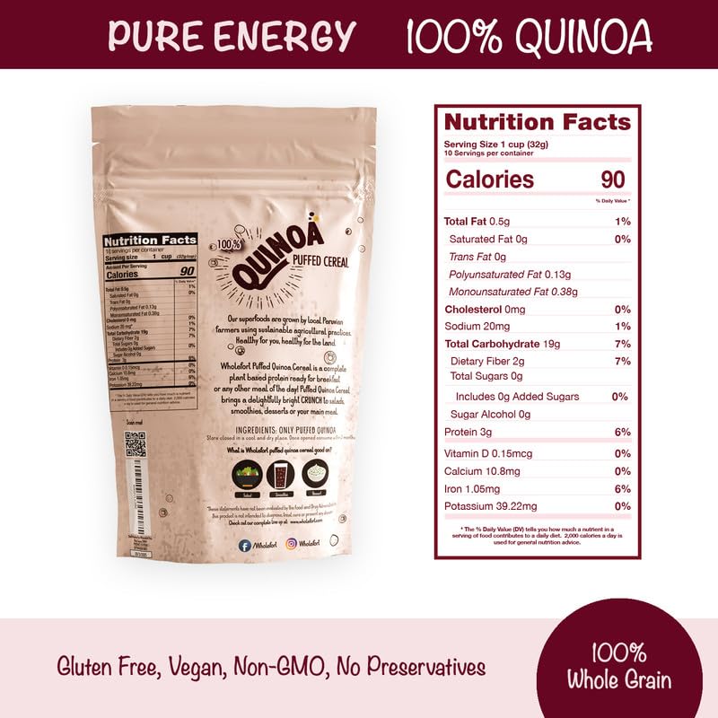 Wholefort Puffed Quinoa Cereal - Vegan, Gluten Free, Non-GMO, 9 oz
