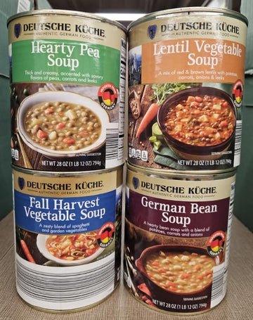 Deutsche Kuche Authentic German Soup Hearty Pea, Fall Harvest Vegetable, Lentil Vegetable & German Bean 28oz 794g (Four Cans)
