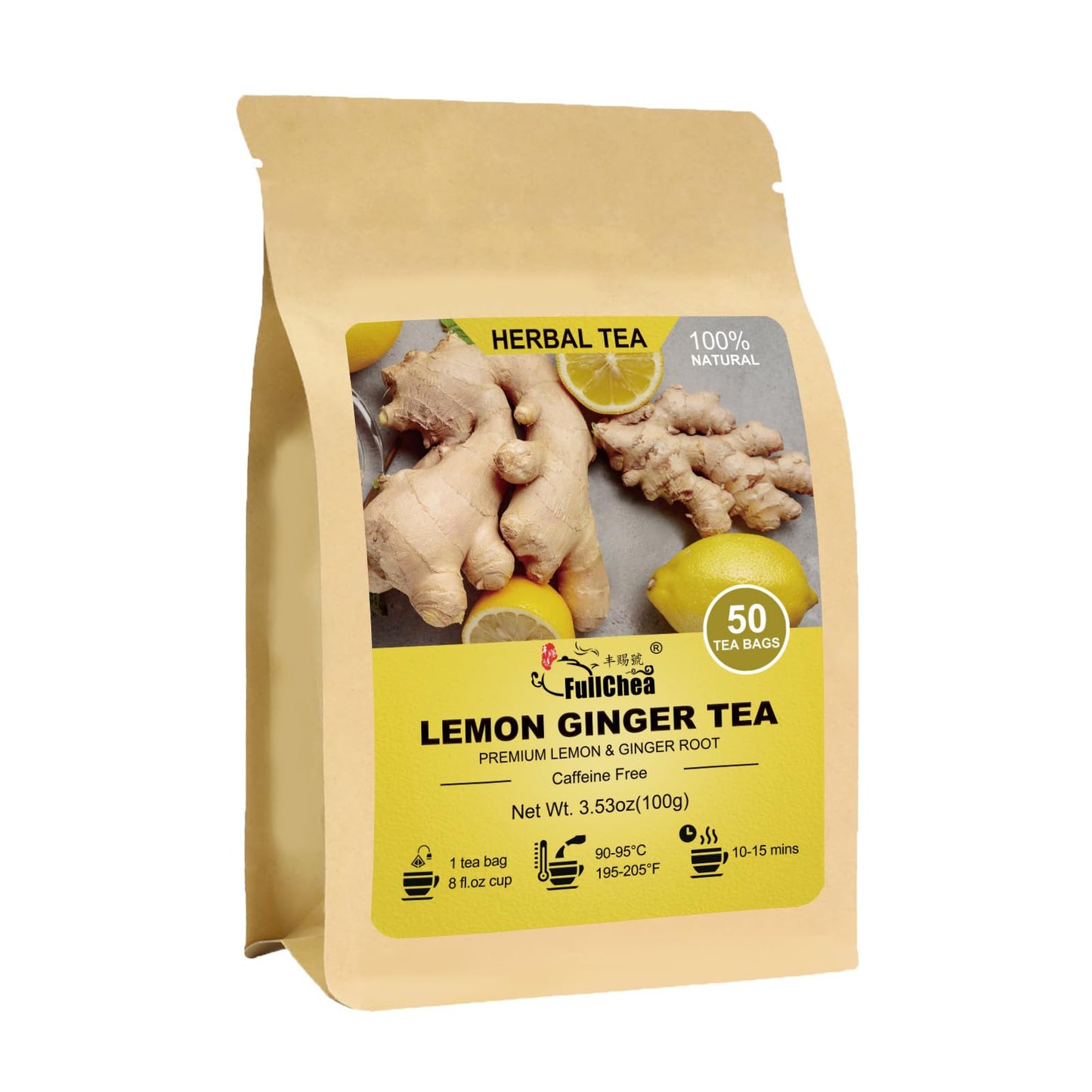 FullChea Lemon Ginger Tea Bags - Caffeine-free, Non-GMO, 50 Count