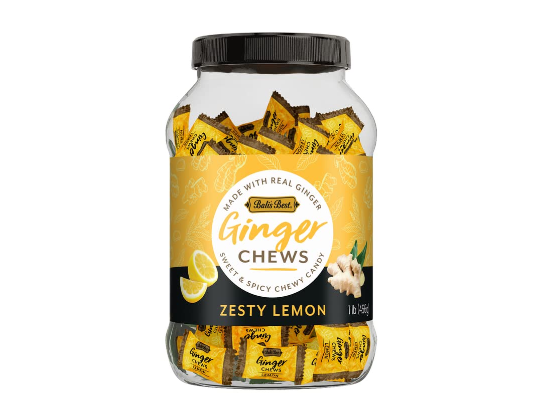 Bali'S Best Ginger Chews - Zesty Lemon Flavor (1Lb Jar) 100% Real Ginger & Natural Flavors, Sweet Spicy Chewy Ginger Candies, Gr