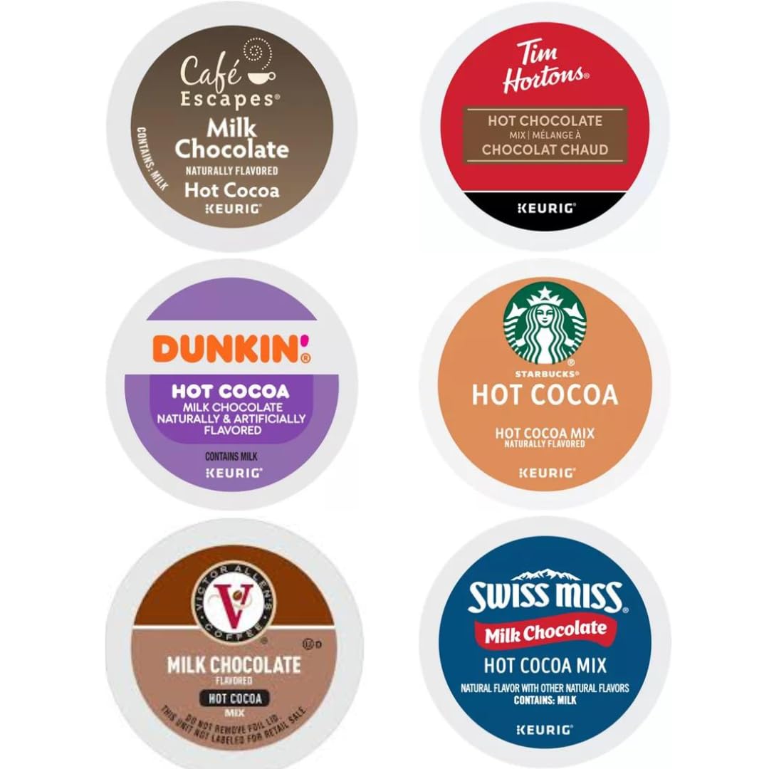 Milk Chocolate Hot Cocoa K-Cups Pods Variety Sampler. Includes Swiss Miss, Cafe Escapes, Starbucks, Tim Hortons, Victor Allen's 