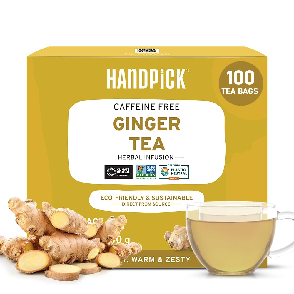 HANDPICK Ginger Tea Bags - 100 Herbal Teabags, Authentic Indian, Caffeine Free, Eco-Conscious, Soothing & Spicy Blend
