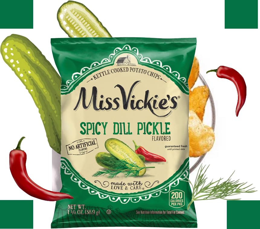 Miss Vickies Kettle Cooked Potato Chips  Spicy Dill Flavor  1.375 oz Bags  Pack of 8