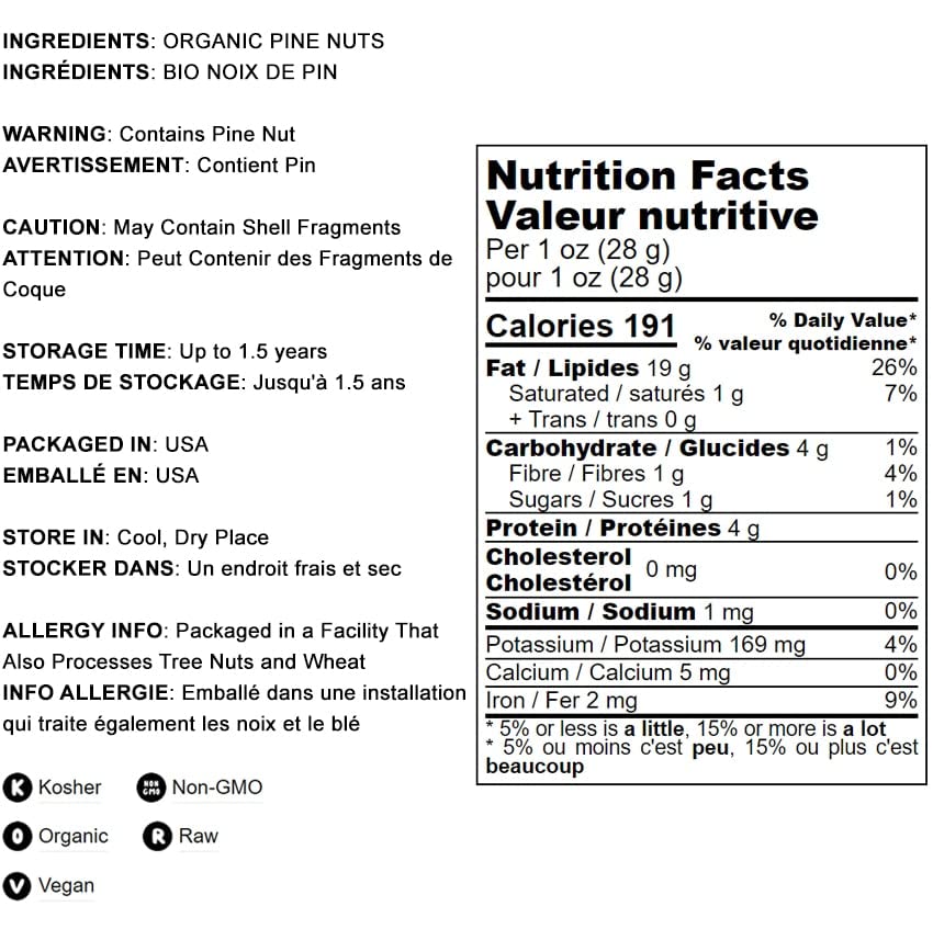 Organic Pine Nuts, 8 Pounds - Non-Gmo, Whole Raw Pignolias, Unsalted, No Shell, Vegan, Kosher, Bulk Snack. Rich In Vitamin E, Protein. Great For Pesto, Salads, Homemade Desserts, And As A Topping.