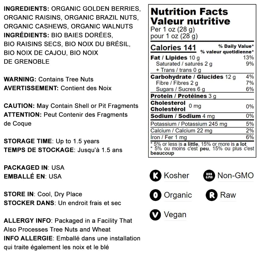 Food To Live Organic Energy Trail Mix, 8 Ounces — Non-Gmo And Raw Nuts And Berries Including Cashews, Golden Berries, Raisins, Walnuts, And Brazil Nuts. Non-Irradiated, Vegan Superfood, Bulk