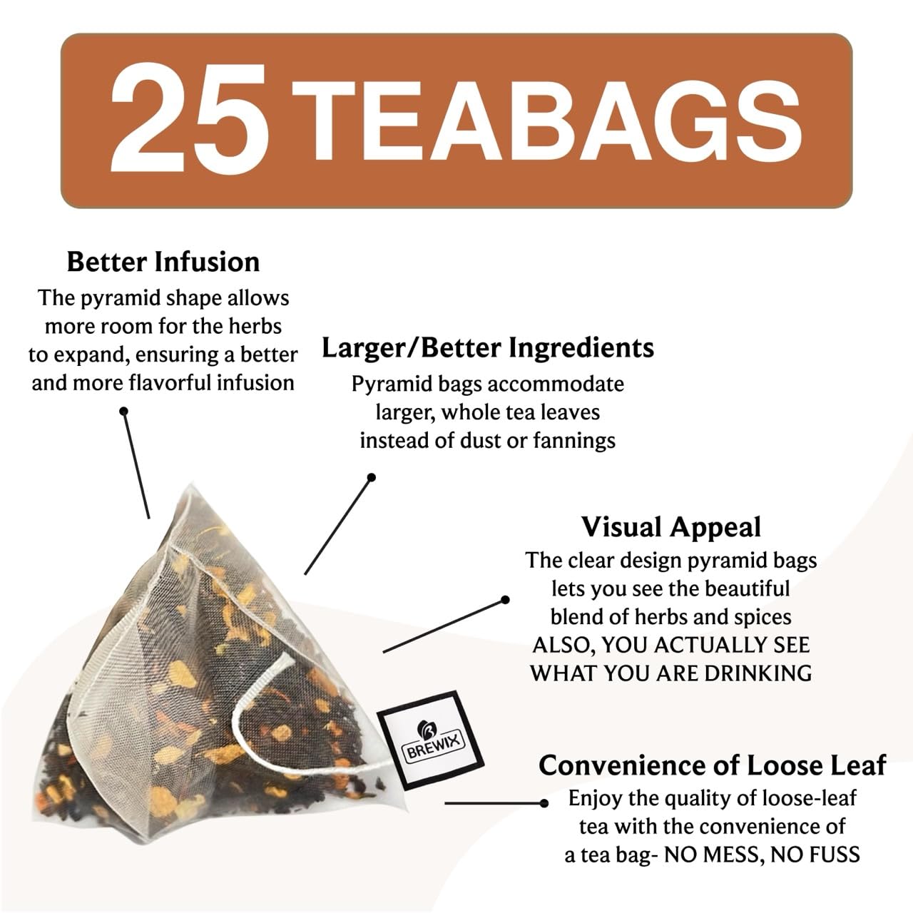 Brewix, Masala Chai Tea Bags (25 Pyramid Tea Bags) Strong, Robust & Spicy - Pure Ingredients | Black Tea, Cinnamon, Ginger, Blac