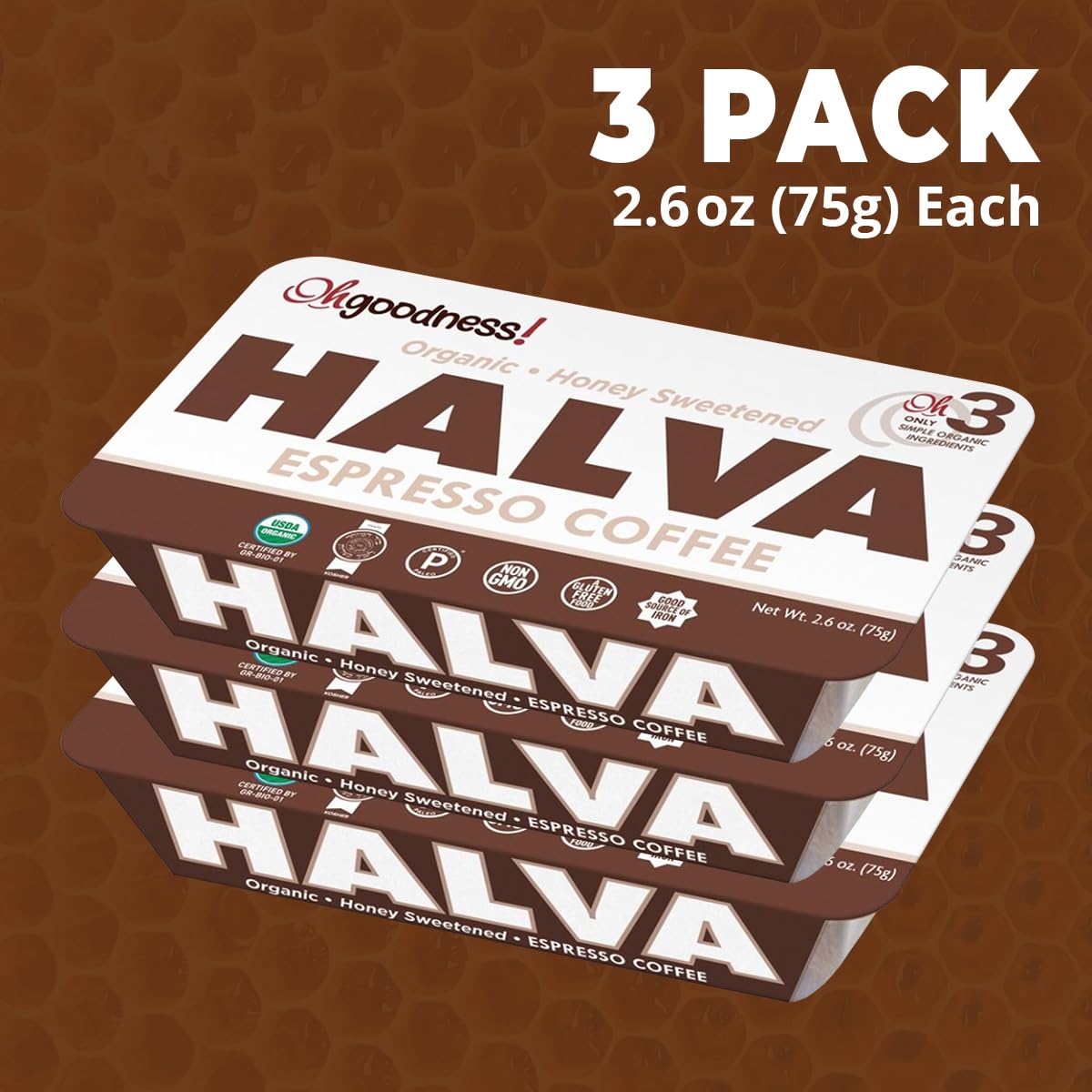 Wellbees Organic Honey Halva - 3 Pack, Honey & Espresso, Paleo & SCD Approved, 2.64 oz (75g each)