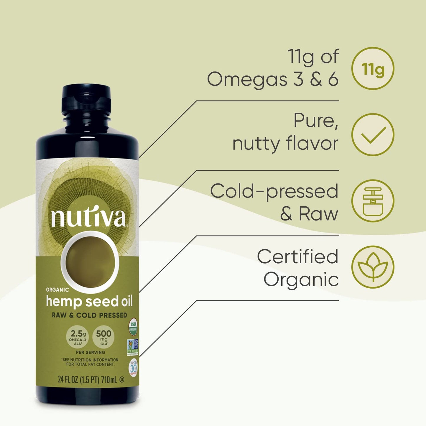 Nutiva Organic Cold-Pressed Unrefined Raw Hemp Seed Oil, 24 Ounce, USDA Organic, Non-GMO, Whole 30 Approved, Vegan, Gluten-Free