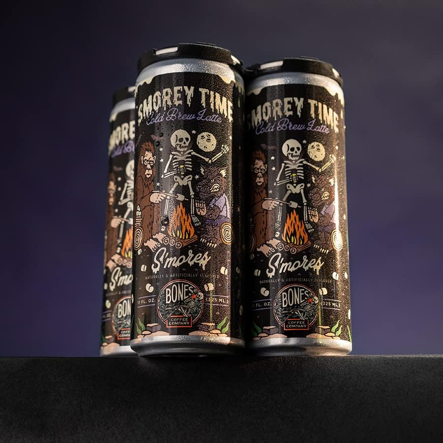 Bones Coffee Company S'Morey Time Iced Coffee Latte S'Mores Flavored Coffee, 11 Fl Oz Ready To Drink Latte, Cold Canned Coffee Drinks, Coffee On-The-Go (12 Pack)