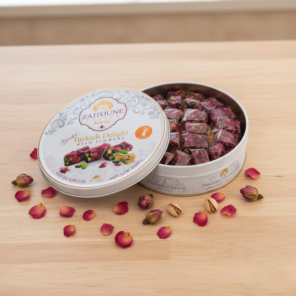 Zaitoune Rose Covered Turkish Delight - 9 Oz | Stuffed With Pistachios & Cashews | Coated With Dried Rose Petals | Authentic Luxury Lokum Sweets In Beautiful Gift Tin | Handmade, Individually Wrapped