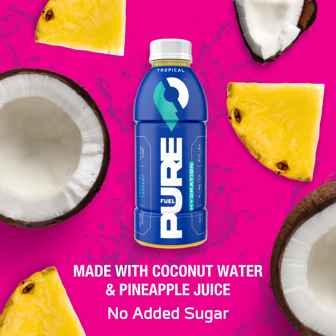 Pure Fuel Hydration Drinks - Tropical Torrent, Plant-Based Electrolytes, No Added Sugar, 12 Pack x 16.9 fl oz Bottles