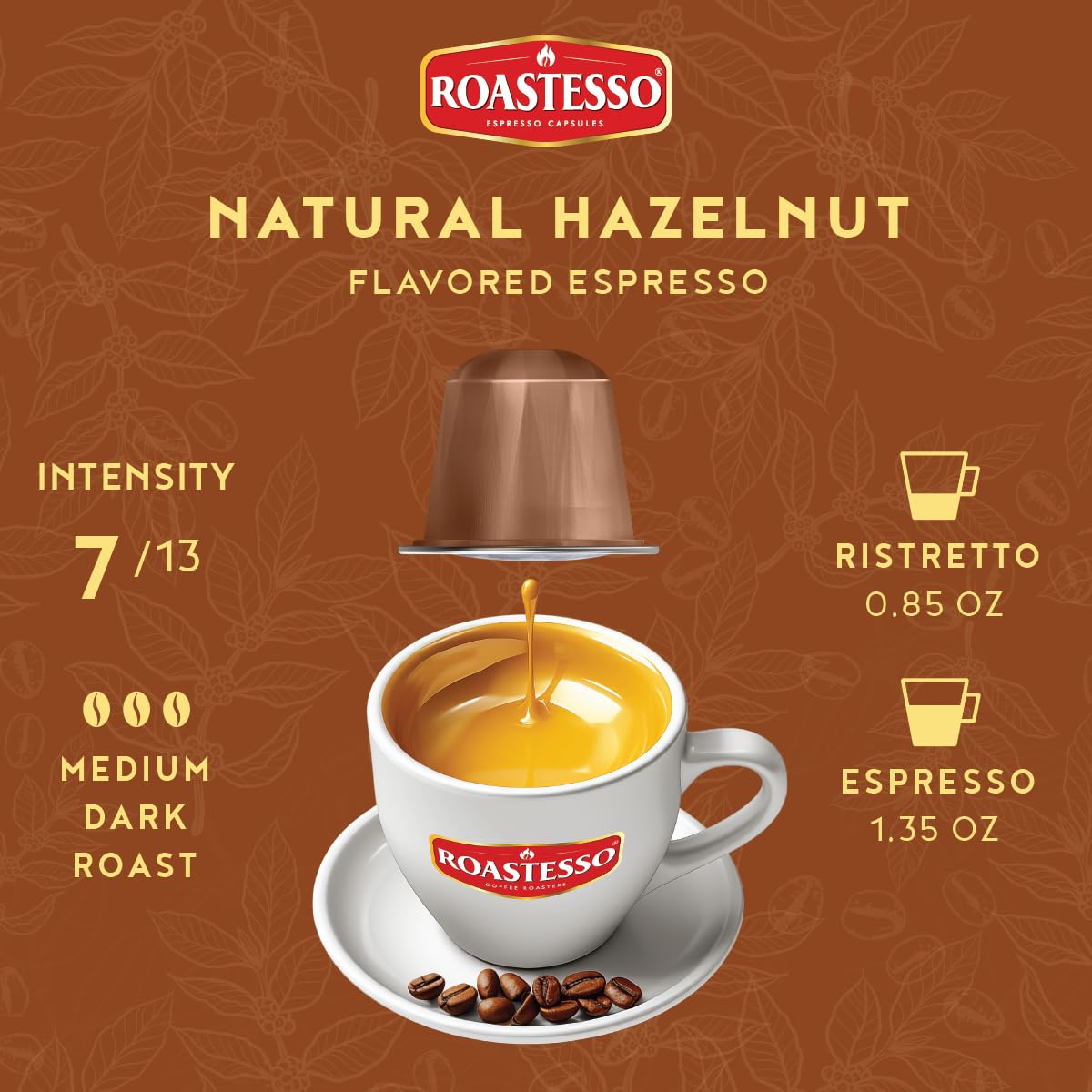 Roastesso Aluminum Espresso compact pieces, Natural Hazelnut Flavor, Medium Roast Intensity 7, Compatible with Nespresso, 40 Count