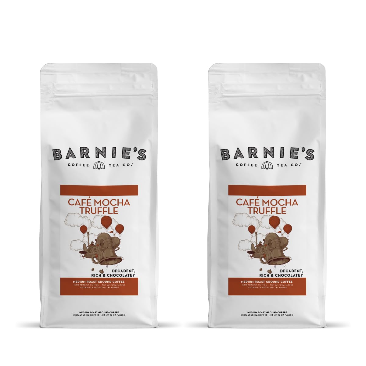 Barnies Caf   Mocha Truffle Ground Coffee, Decadent and Rich Chocolate Flavor, Medium Roasted Arabica Coffee Beans, Sugar Free 