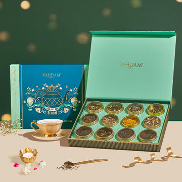 VAHDAM Assorted Tea Gift Sets - 12 Count elegant Gift Box, 100% Natural Ingredients, Green Tea, Chai, Herbal, Black Tea
