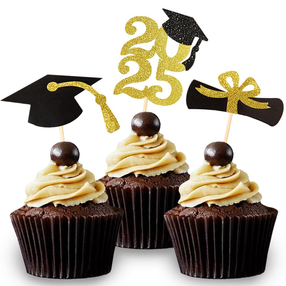 Partico Gold Glitter Graduation Cupcake Topper, 24pcs, Paper, Class of 2025, Food/Appetizer Picks