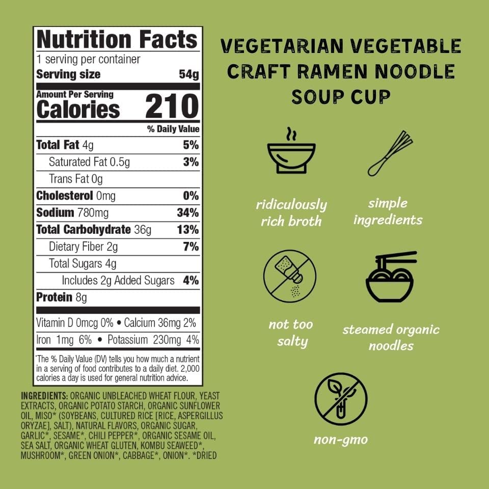 Mikes Mighty Vegetarian Vegetable Ramen Cup (Pack of 6) - 8g Protein Instant Ramen Noodles - Organic Steamed, Non-GMO, Palm Oil-